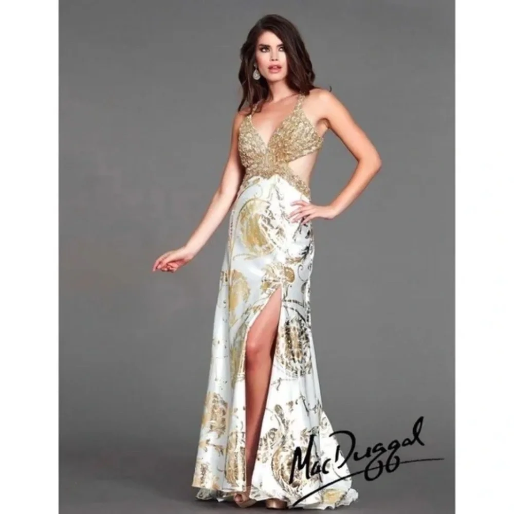 Mac Duggal Couture prom/pageant gown W/a Gold Foil Floral Print & Beaded Bodice